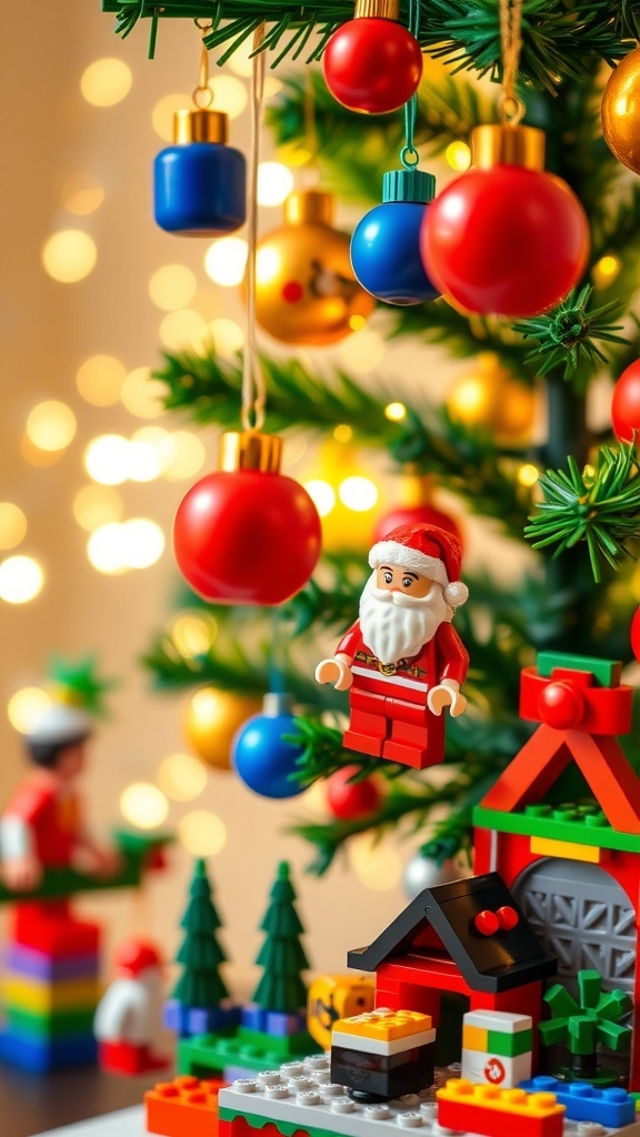 Colorful DIY LEGO Christmas decorations including ornaments and a festive scene.